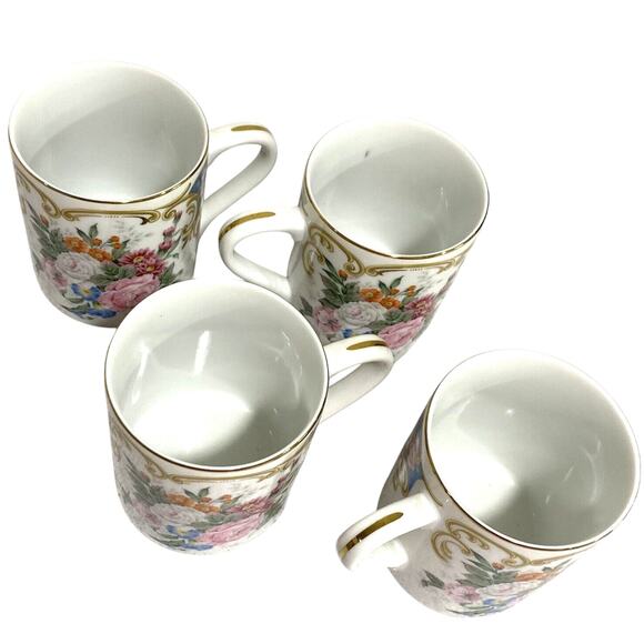 Vintage Andrea By Sadek Mugs Set of 4 Victorian Floral Pink & White Ceramic - Picture 10 of 10
